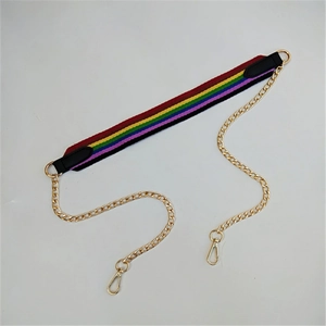 Detail of colorful rainbow fabric strap with gold metal chains and lobster clasps