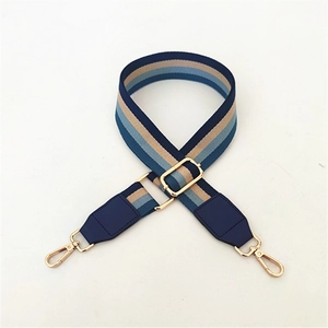 Adjustable wide striped replacement shoulder strap with gold metal hardware in navy blue