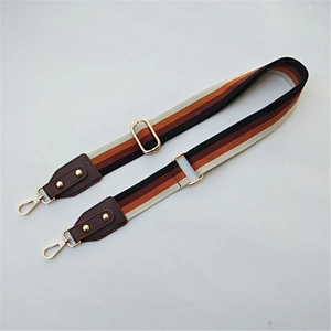 Close-up of adjustable striped bag strap with gold metal buckles and leather ends