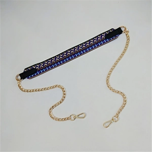 Close-up of ethnic woven strap with blue pattern, golden chain, and metal clasps