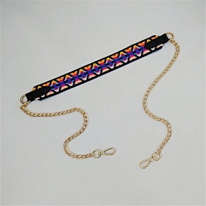 Detail of a colorful geometric ethnic strap with golden metal chain and lobster clasps
