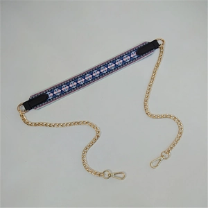 Detail of ethnic geometric woven strap with gold metal chains and lobster clasps