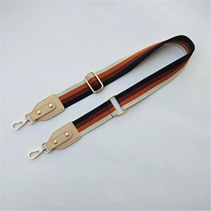 Close-up of ethnic striped bag strap with beige leather ends and gold metal hardware