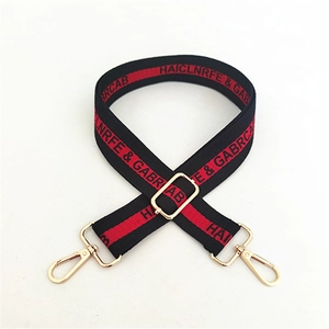 Adjustable black cotton canvas strap with red stripes and gold lobster clasps