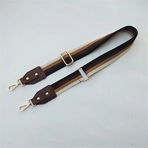 Detail of adjustable ethnic striped bag strap with gold metal hooks and leather joints