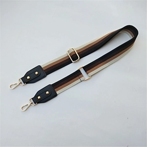 Detail view of the colorful striped woven bag strap with golden rotating lobster clasps
