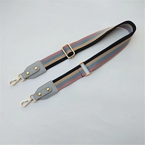 Detail of adjustable ethnic style bag strap with pink blue and khaki woven stripes