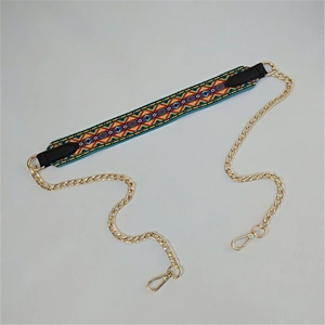 Ethnic style colorful woven purse strap with golden metal chain and lobster clasps
