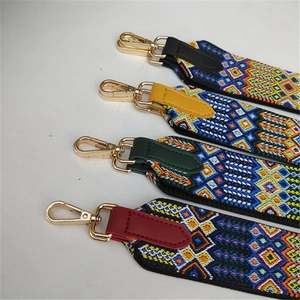 Ethnic style woven wide shoulder strap with geometric pattern and gold swivel metal hooks