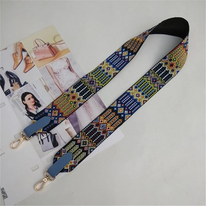 Ethnic style wide shoulder strap with colorful geometric embroidery and gold metal hooks