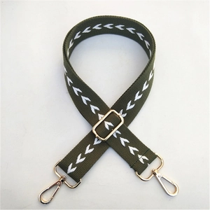 Détail de la bandoulière tissée vert armée réglable avec motifs chevrons et crochets dorés