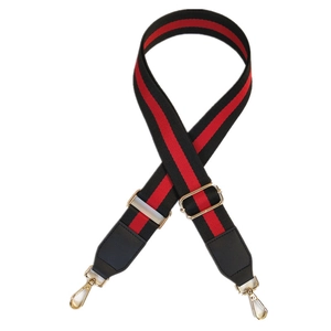 Adjustable red and black striped canvas replacement shoulder strap with gold metal hooks