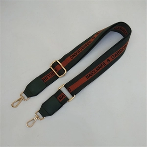 Adjustable wide nylon shoulder strap with red stripes and gold metal hooks