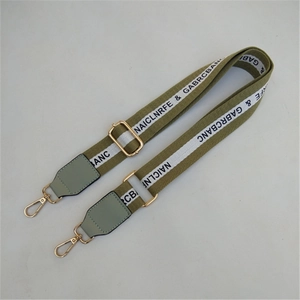 Adjustable olive green wide canvas bag strap with white stripes and gold hooks