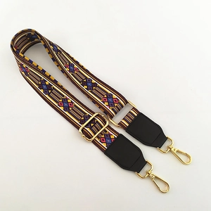 Detail of colorful ethnic geometric woven bag strap with gold metal swivel hooks