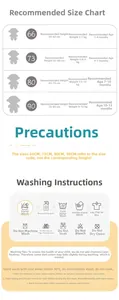 Detailed size chart and laundry care instructions for infant winter jumpsuits