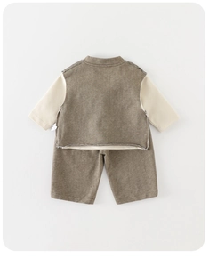 Flat lay detail of high-quality cotton knit beige long sleeve, brown vest and shorts set