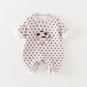 Baby Girls Long Sleeve Polka Dot Romper Cartoon Mushroom Embroidery Patch Snap Closure Comfortable Cotton Blend Jumpsuit