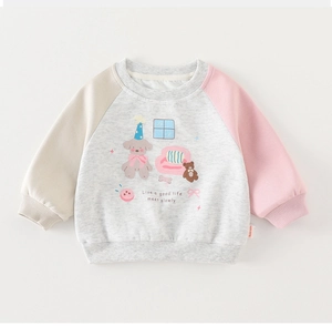 Detail showing cartoon bear print and Live a good life quote on toddler sweatshirt