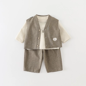 Infant 3-piece knit set featuring beige long sleeves, a brown vest, and matching shorts