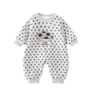 Long sleeve baby bodysuit with mushroom embroidery and gray polka dot pattern print