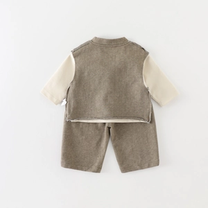 Infant boy autumn cotton two-piece set featuring a stitched vest style top and brown shorts
