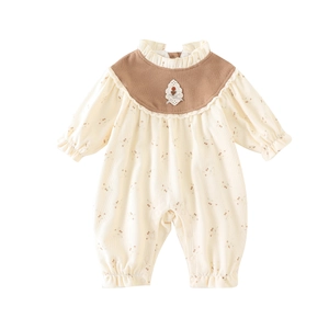 Floral baby girl long sleeve romper with ruffled collar and lace embroidery details
