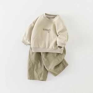 Toddler fall outfit with beige YOSH sweatshirt and olive cargo pants set for boys