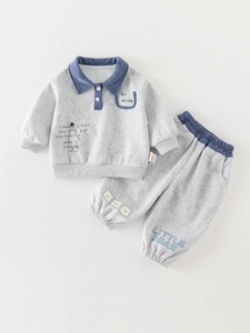 Ensemble de Sport Décontracté pour Bébé Fille Haut Polo Manches Longues Et Pantalon Avec Motif Ours Mélange de Coton Gris