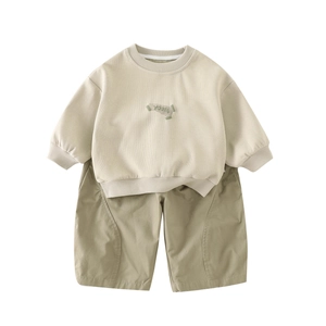 Toddler boys casual autumn sweatshirt and olive shorts set in soft premium cotton