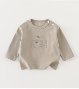 Close-up of baby long-sleeve tee featuring a round neck, shoulder snaps, and bear embroidery