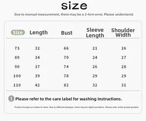 Size chart for toddler long sleeve cotton shirts with detailed length and bust measurements