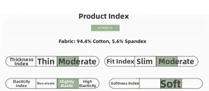 Guide des tailles montrant 94,4 % de coton et indices de douceur du tissu