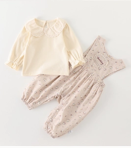Detail of baby floral overalls with sunshine embroidery and lace Peter Pan collar