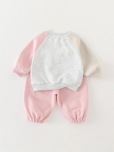 Baby girl pink and grey ribbed cotton track suit set with crew neck sweatshirt and pants