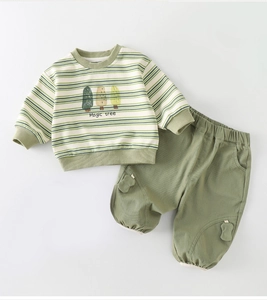 Detail of baby boy striped sweatshirt with Magic tree print and matching olive pants