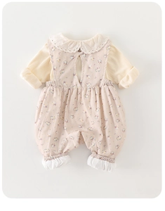 Detail view of baby floral romper set featuring Peter Pan collar and back wooden button