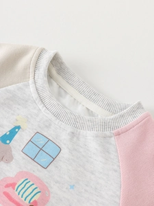 Gray long-sleeve toddler sweatshirt featuring colorful UFO cartoon prints and ribbed neckline