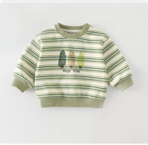 Detail of baby boy long sleeve striped sweatshirt with cute tree print and ribbed edges