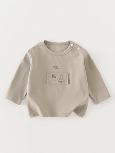 Baby Boys Long Sleeve T-Shirt Korean Style Cotton Round Neck Top With Shoulder Buttons Cartoon Bear Print Khaki Infant Base Layer
