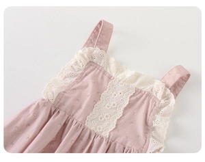 Close-up of pink baby girl dress with delicate floral print and white lace embroidery details