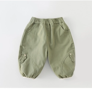 Detail of baby olive green bloomers with elastic waist and cute cloud decorations