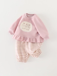 Pink toddler girl outfit with rabbit print sweatshirt and striped pants in two-piece set