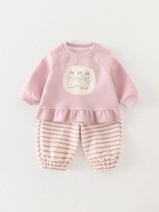 Pink toddler girl 2-piece cotton sweat suit with bunny embroidery and striped pants
