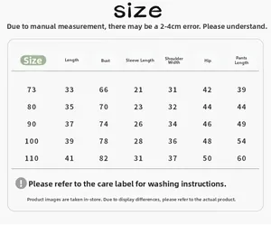 Detailed size chart for infant tracksuit sets covering sizes 73-110 for toddlers