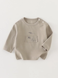 Kids long sleeve cotton crewneck t-shirt with coffee menu bear print in khaki color