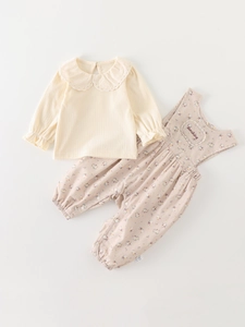 Baby Girls Autumn Cotton Clothing Set Floral Suspender Pants Long Sleeve T-Shirt Peter Pan Collar Infant Outfit For Kids
