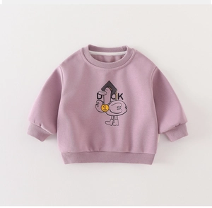 Close-up of lavender purple baby sweatshirt with cartoon duck print and ribbed cotton cuffs