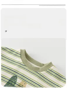 Detail of the high-quality ribbed neckline stitching on stripe baby cotton sweater
