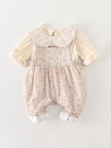 Baby girls floral romper set with cream striped shirt and pink sunshine embroidery